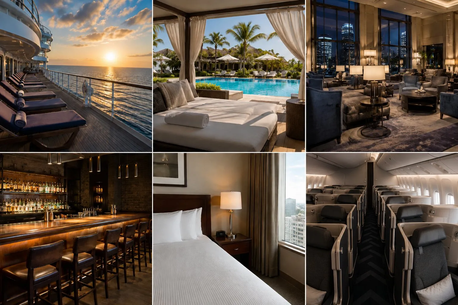 Six venue environments where Smart Chip Gaming can play: a cruise ship deck, a resort pool cabana, a hotel lounge, a bar, a hotel room, and an airplane business-class pod